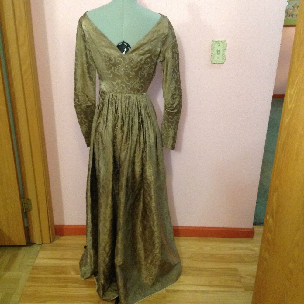 Vintage 1960s '60s Satin Damask Long-Sleeved Evening Gown - Picture 2 of 6